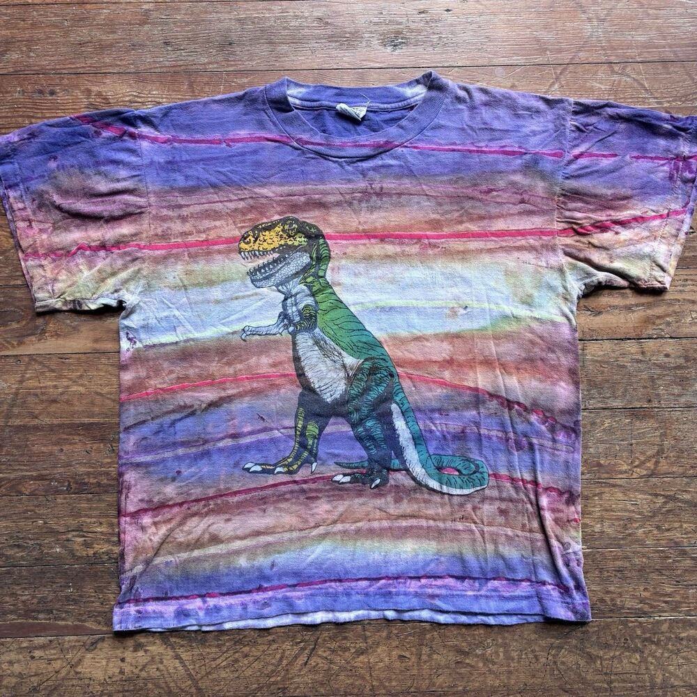 Vintage 90s 80s Dinosaur Nation T-Rex Tyrannosaurus Tie-Dye T shirt L XL Green